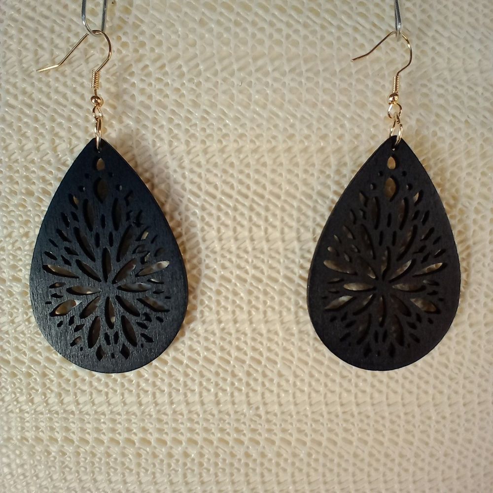 BOHO BLACK WOODEN Bohemian Teardrop Laser Cut 3" Earrings